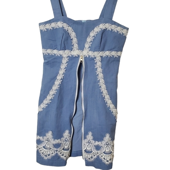 Silhouette Sphaget Strap Denim Dress  with Scalloped Lace Size S - Picture 4 of 13